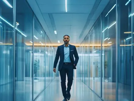 Male leader walking through a corporate corridor